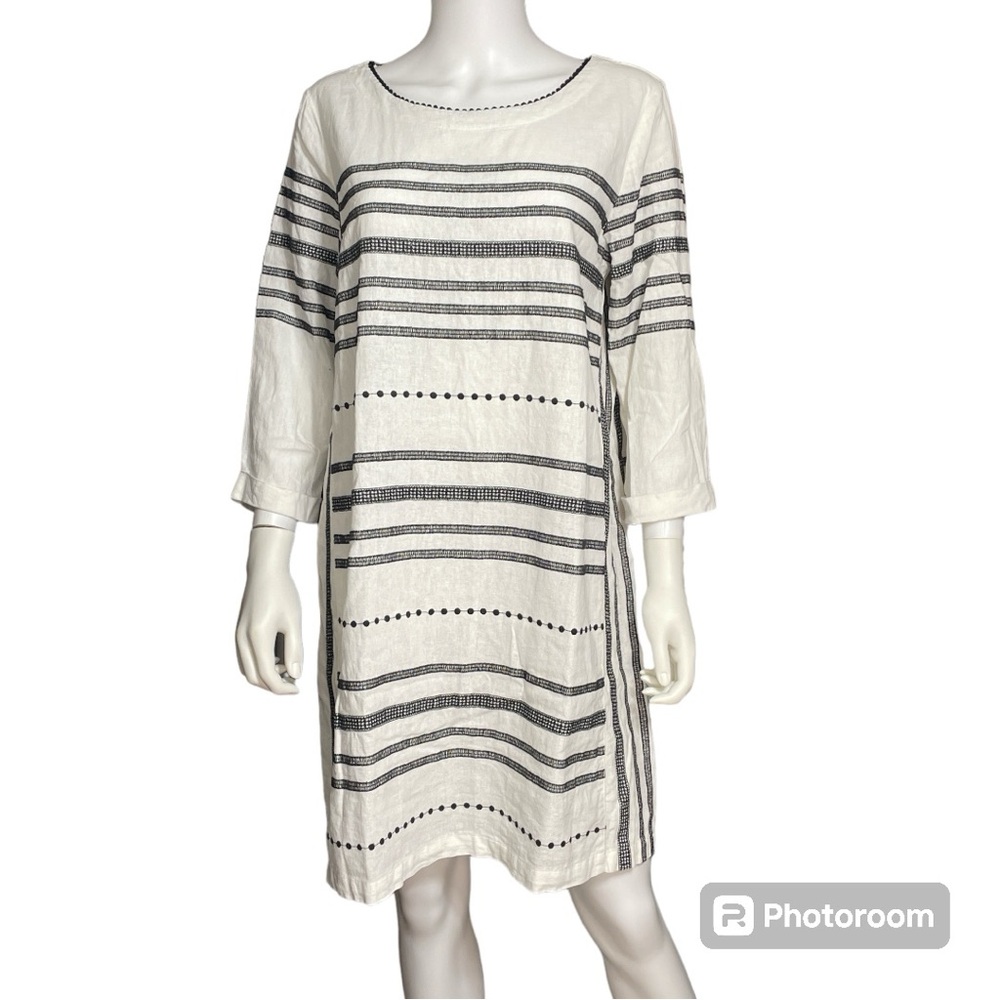 For Cynthia Embroidered Linen Blend 3/4 Sleeve Relaxed Fit Dress Women's Size L